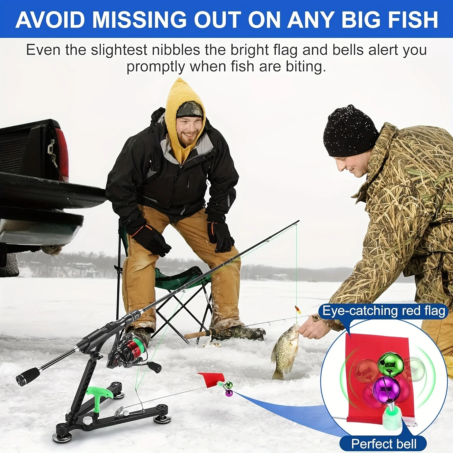 حامل صنارة صيد الجليد قابل للطي مع جرس وعلم - دعامة متوافقة مع اوجير الثلج قابلة للتعديل، ملحقات صيد شتوية محمولة #5