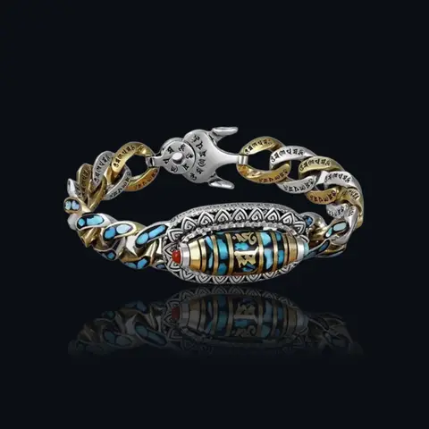 티베트 불교 천연 청록색 6 자 만트라 팔찌 회전식 9 눈 Dzi 팔찌 부적 쥬얼리 남성 여성을위한