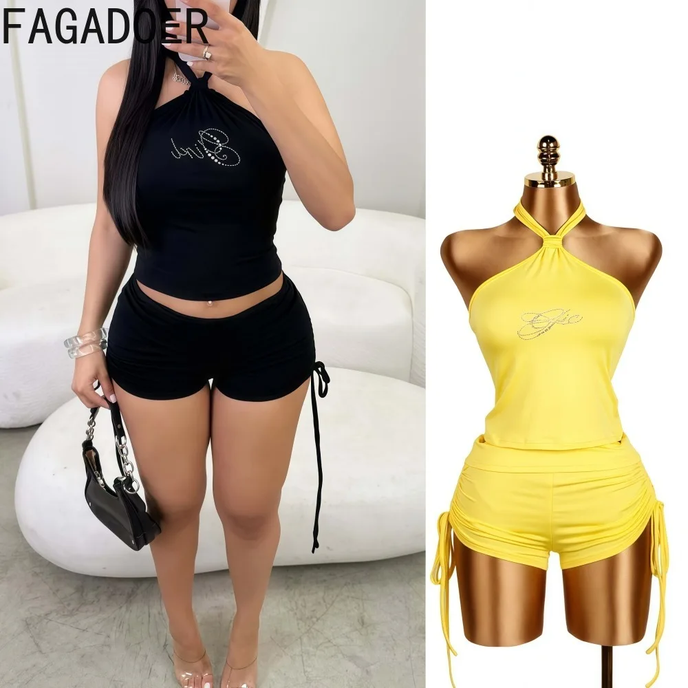 

FAGADOER Sexy Rhinestone Patchwork Woman 2 Piece Set Outfit Halter Sleeveless Backless Crop Tops + Drawstring Shorts Streetwear