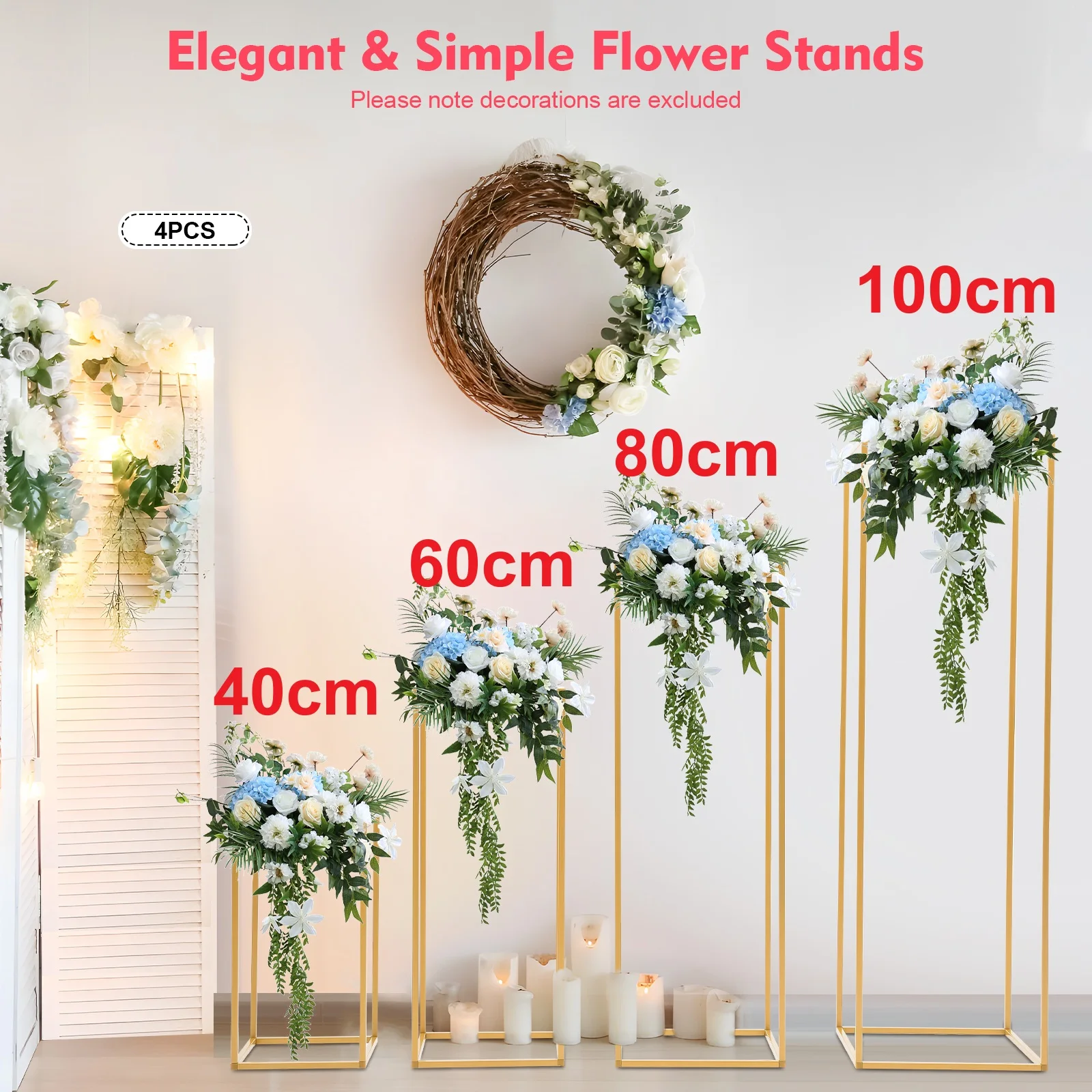 4Pcs Wedding Flower Stand Set, Gold Metal Column Rack Floor Geometric Display Stand Wedding Centerpieces Party Prop Decor Holder