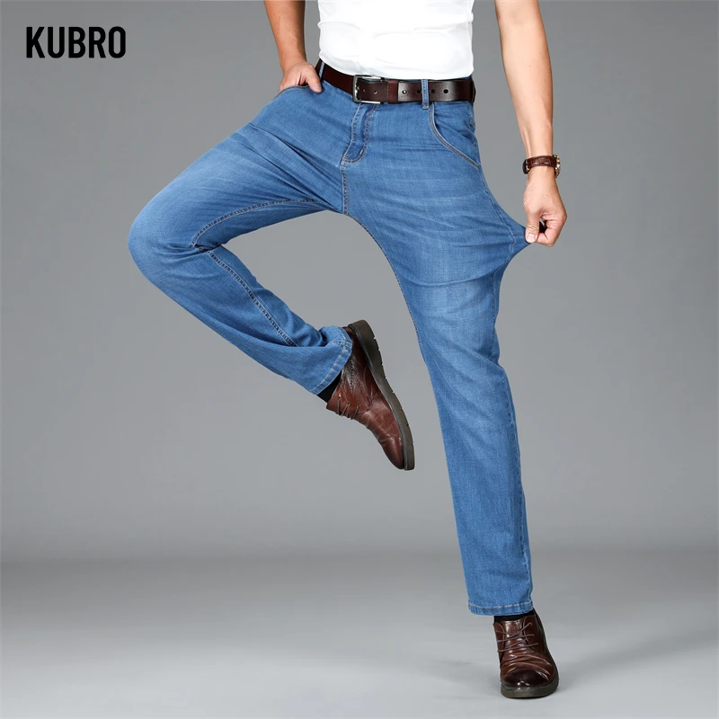 KUBRO Men Classic Jeans Jean Homme Pantalones Hombre Men Four Seasons Business Soft Black Biker Masculino Denim Pants Size 32-38