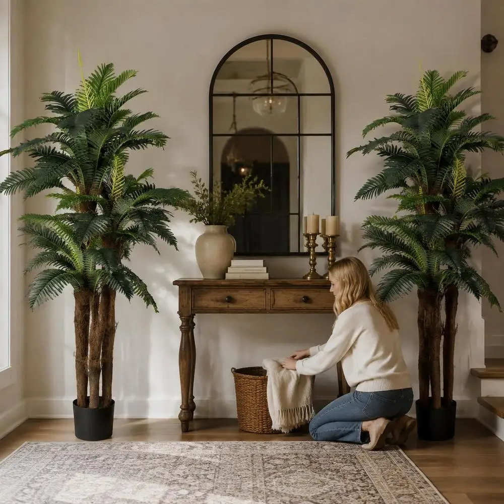 Künstliche Palme aus PEVA-Material mit biegsamen Blättern, Zementbasis, Kunstgras für die moderne Innendekoration.