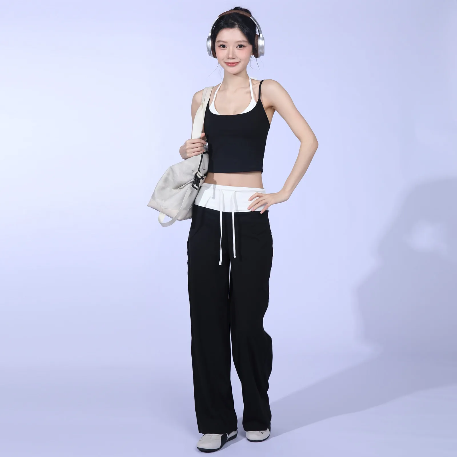 Women's High-Waist Sports Leggings Set Casual Two-Piece Running Yoga Outfit with Drawstring Contrasting Color Top And Bottom
