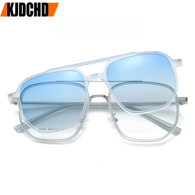 KJDCHD Fashion Double Beam Magnetic Clip-On Glasses Retro Pilot Optical Prescription Eyeglasses Frame for Men and Women