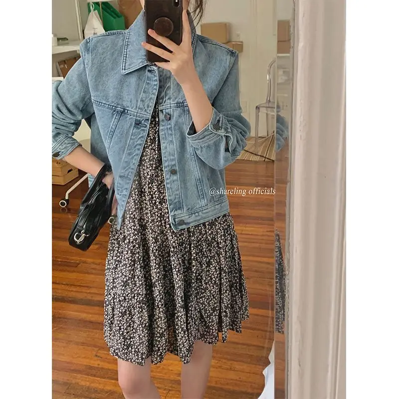 

Denim Coat Cropped Womens Winter Plush Quilted Fleece-Lined Flared Mountaineering Nomadic Style Softshell Ruffled Embellished OL