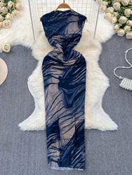 Foamlina Summer Fashion Hollow Out Mesh Striped Print Long Dress Women Elegant Sleeveless Bodycon Party Maxi Dress with Lining