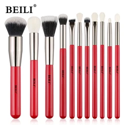 BEILI Red 11pcs Professional Makeup Brushes Set Natural Goat Hair Cosmetics Eyeshadow Powder Concealer Highlight Foundation