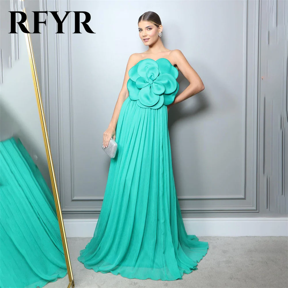 RFYR Chiffon Turquoise Prom Dresses Strapless Evening Dresses With 3D Flower Party Dress Floor Lenght  فساتين مناسبة رسم