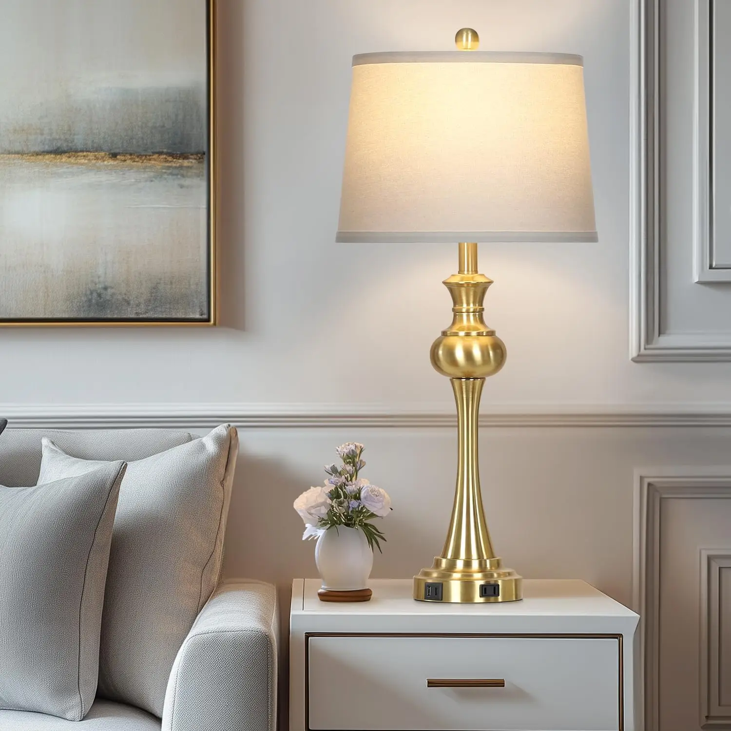 โคมไฟสัมผัสสีทอง 28.75 นิ้ว ชุด 2 ชิ้น, โคมไฟตั้งโต๊ะข้างเตียงทองเหลืองโบราณ พร้อมพอร์ต USB-C และปรับความสว่างได้ สำหรับห้องนั่งเล่น ห้องนอน