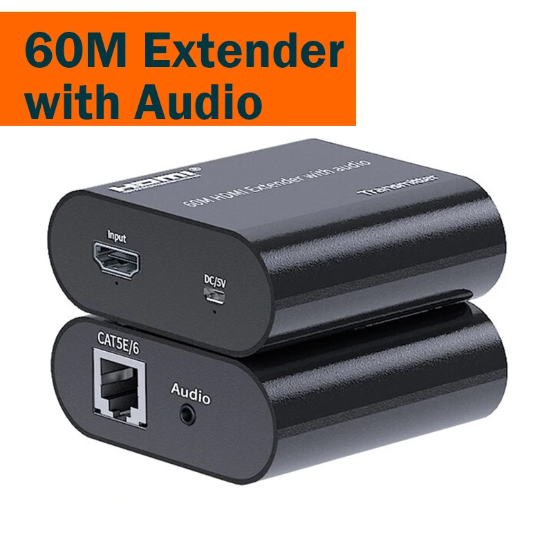

60M HDMI-совместимый удлинитель RJ45 с аудио 3,5 мм через кабель Rj45 Cat5e/6 1080P HDMI-видео аудио удлинитель для ТВ DVD монитора ПК