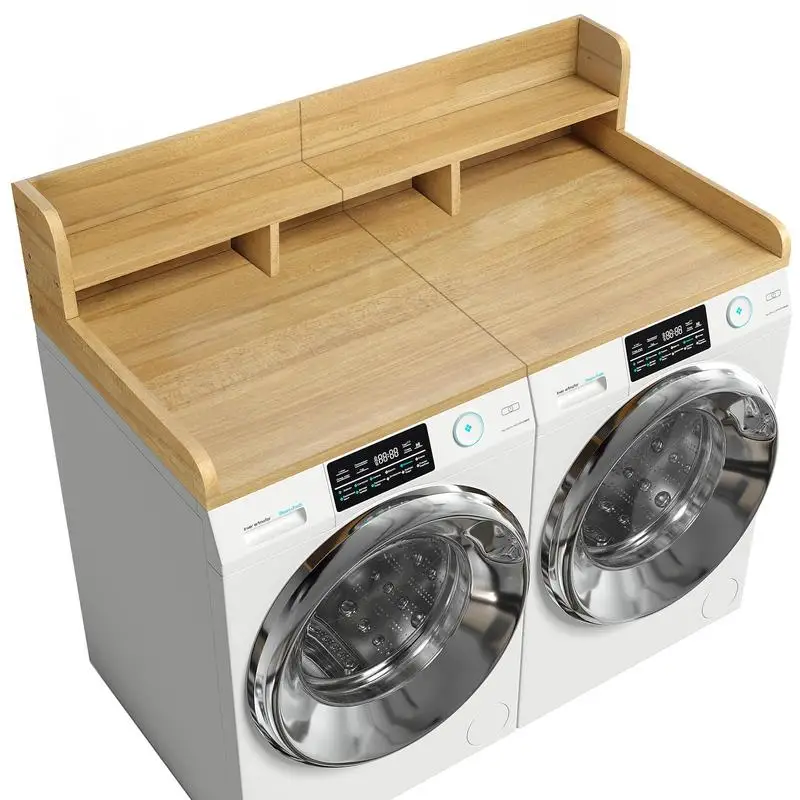 54" Washer Dryer Countertop with Non-slip Pads, Double Layer Laundry Organizer, Natural Wood Shelf for Washer and Dryer with