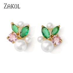 ZAKOL Simple White Round Imitation Pearl Stud Earrings Green Pink CZ Zircon Bridal Earring Wedding Jewelry for Women