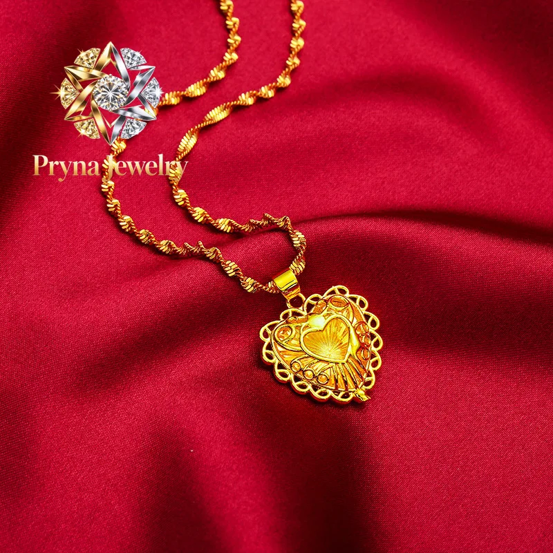 

Pryna Jewelry Heart Hollow Necklace for Women, 24K Gold, AU999 | Layered hollow hearts with tassels and diamonds, stunning for