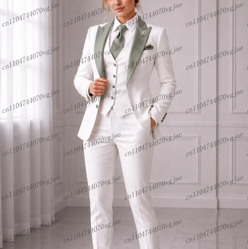 Mint Green Collar White Formal Business Women Suit Wedding Party Prom Ladies Mother Girl Tuxedos 3 Piece Set Blazer Vest Pants