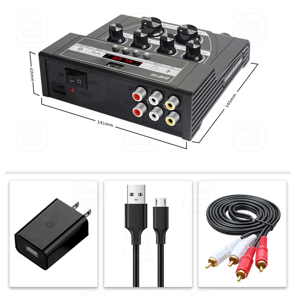 Mini Karaoke Mixer with Dual Microphone, Independent Mix Adjustment, USB & Bluetooth Audio Receiver, Reverb & Recording