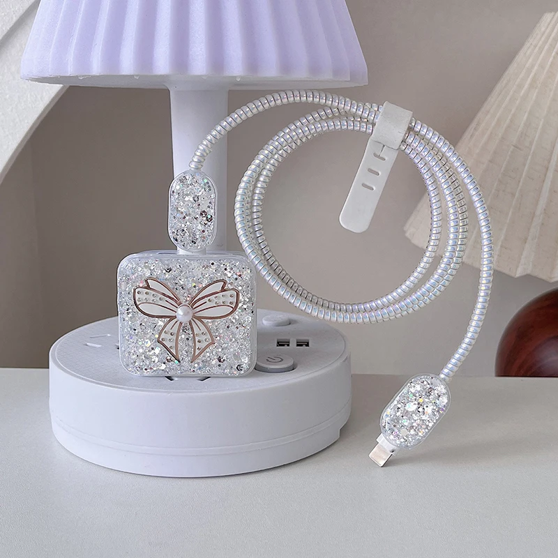 1pc Cute 3D Clear Bowknot Pearl USB Cable Protector Cover For 18W-20W Data Line Bite Head Cord Fast Charging Case