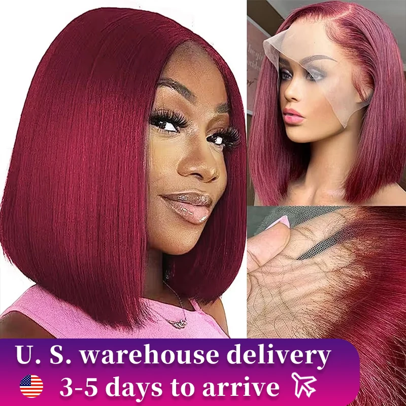 13x4 99j curto bob peruca de cabelo humano vermelho escuro cor borgonha frontal completa bob perucas corte sem corte osso em linha reta frente para mulher negra