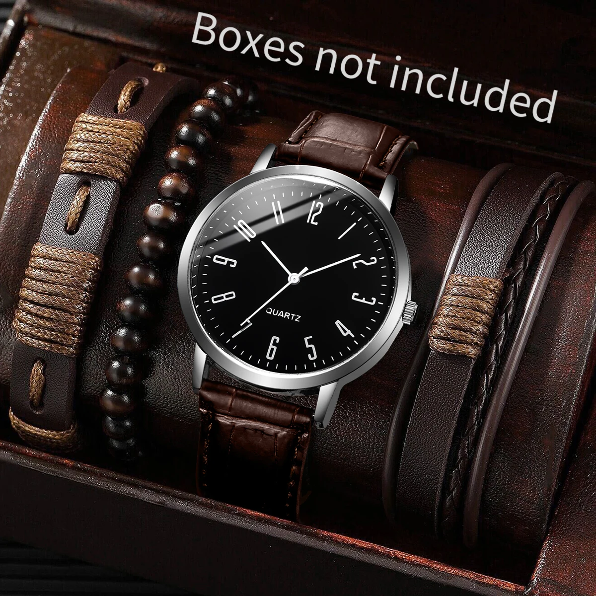 4PCS Men's Watches Casual Arabic Dial Leather Band Quartz Watch Vintage Bracelets Set（Without Box）