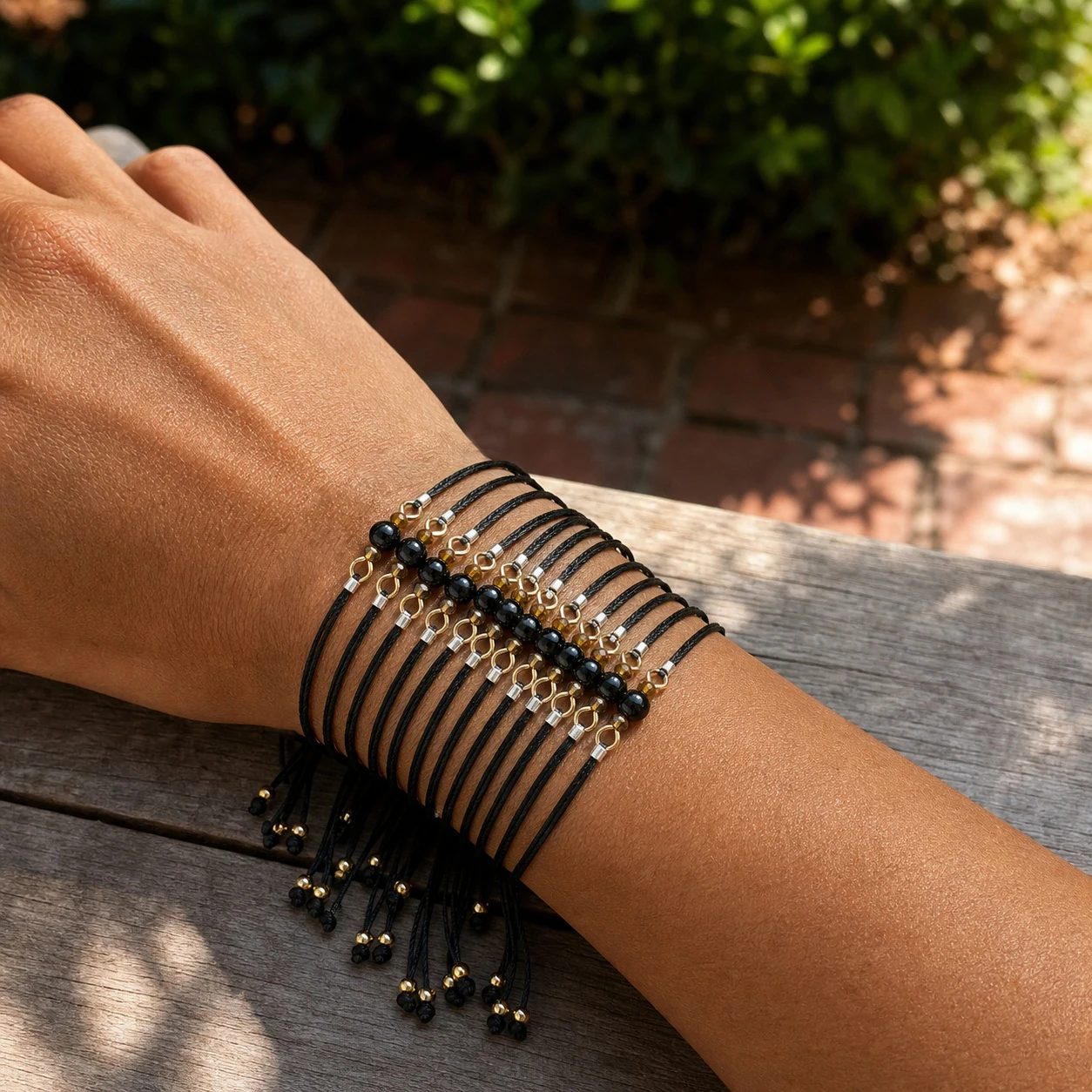 12pcs Bohemian Black Cotton Cord Multi Strand Wrap Bracelet with Round Beads Adjustable Tie Closure Unisex Beach Style