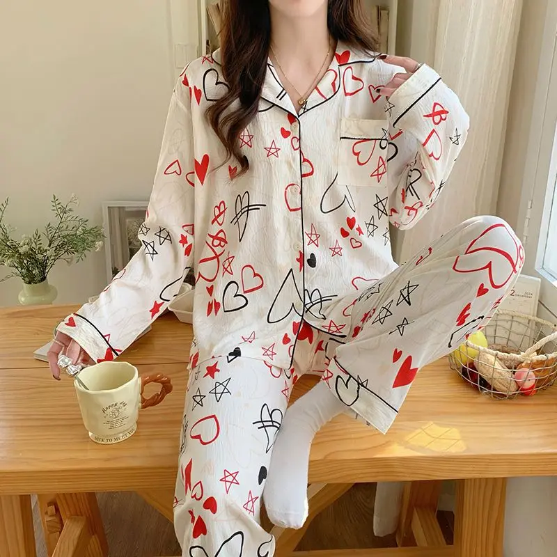 여성용 2025 하트 스타 프린트 클라우드 코튼 카디건 파자마 세트 가을 겨울 긴팔 바지 포근한 스위트 홈 라운지웨어