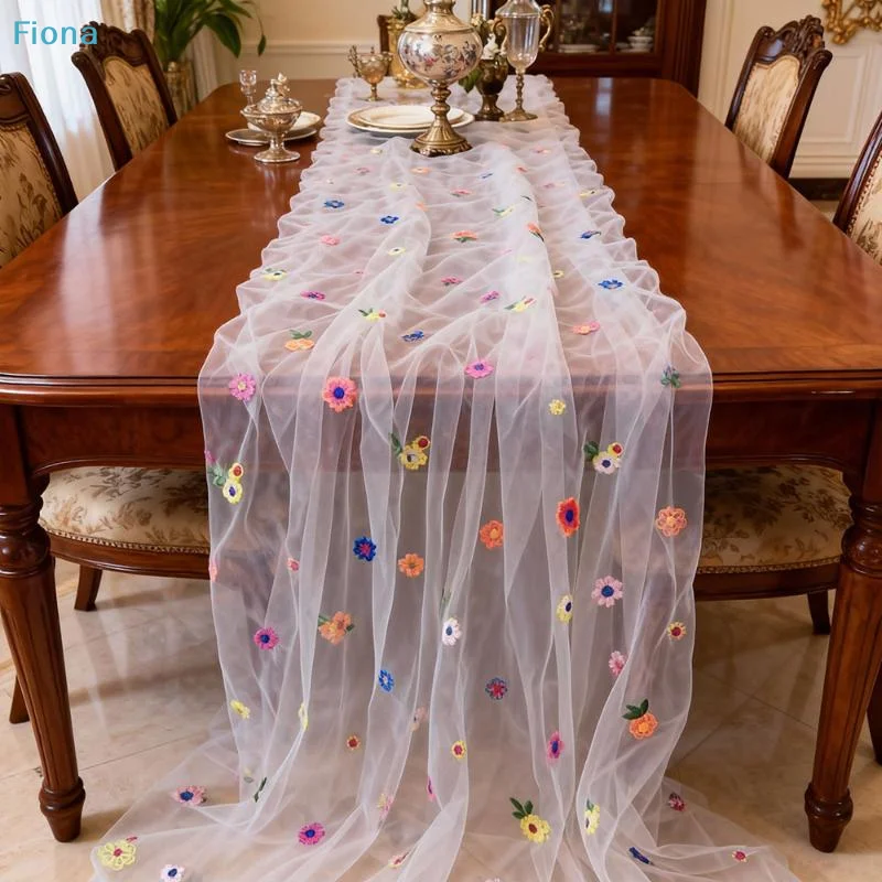 ✔Embroidery Daisy Table Runner Floral Embroidered Lace Tulle Runner Colorful Flower Table Cover For Bridal Shower Birthday Party