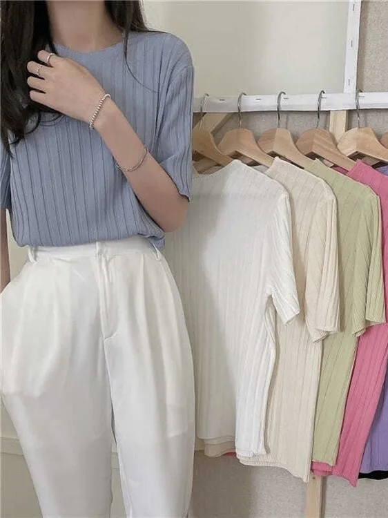 

Soft Style Color Korean round Neck Knitted Shirt Short Sleeve Women's Fashionable Versatile Top Spring Summer New Arrival