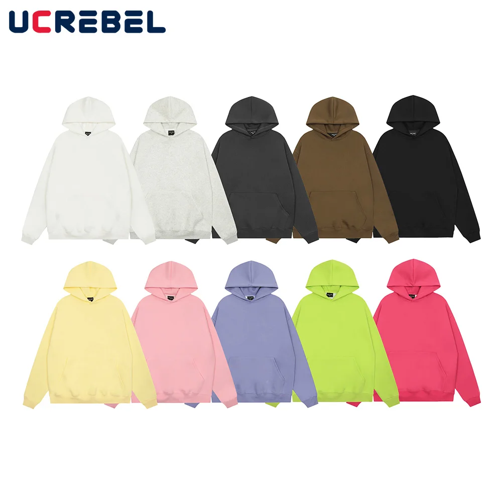 Solid Color Hooded Sweatshirts Mens Autumn High Street Front Pocket Loose Long Sleeve Drop Shoulder Hoodies Men