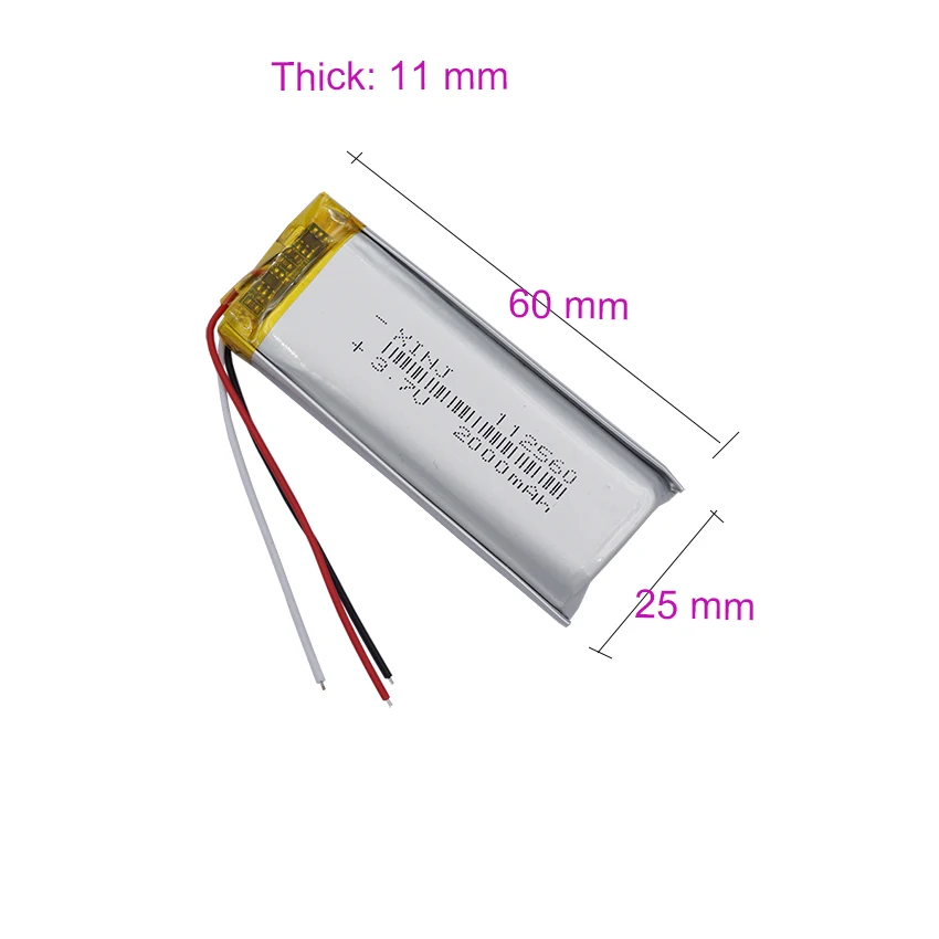 3.7V 2000mAh 7.4Wh Li-Polymer Li Rechargeable Battery 112560 NTC 3-Wires Thermistor For GPS Bluetooth Speaker Car Camera LED