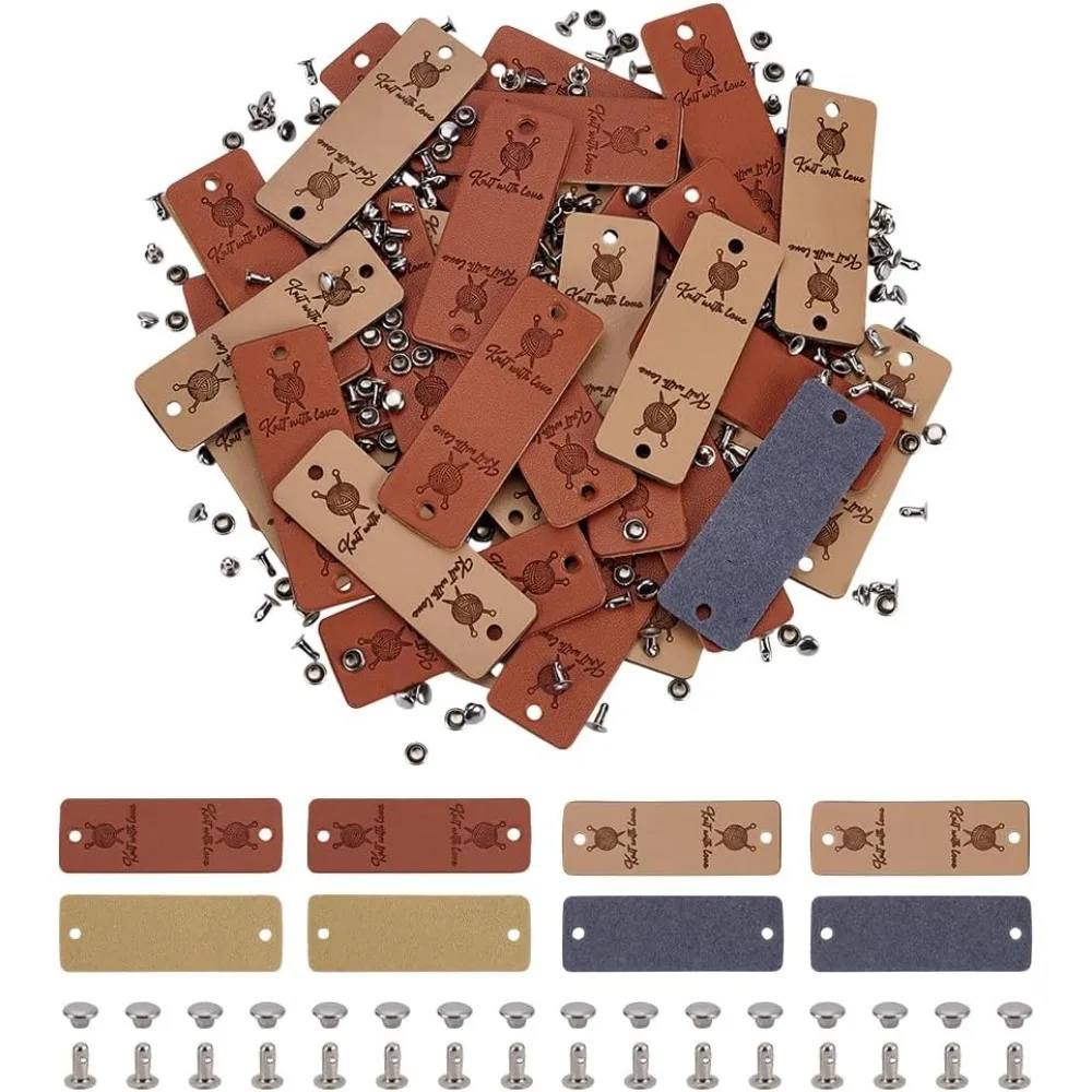 

40 Sets PU Leather Label Handmade Tag with Rivets 2.2inch Beige PU Leather Clothing Labels with Hole Rectangle Shape