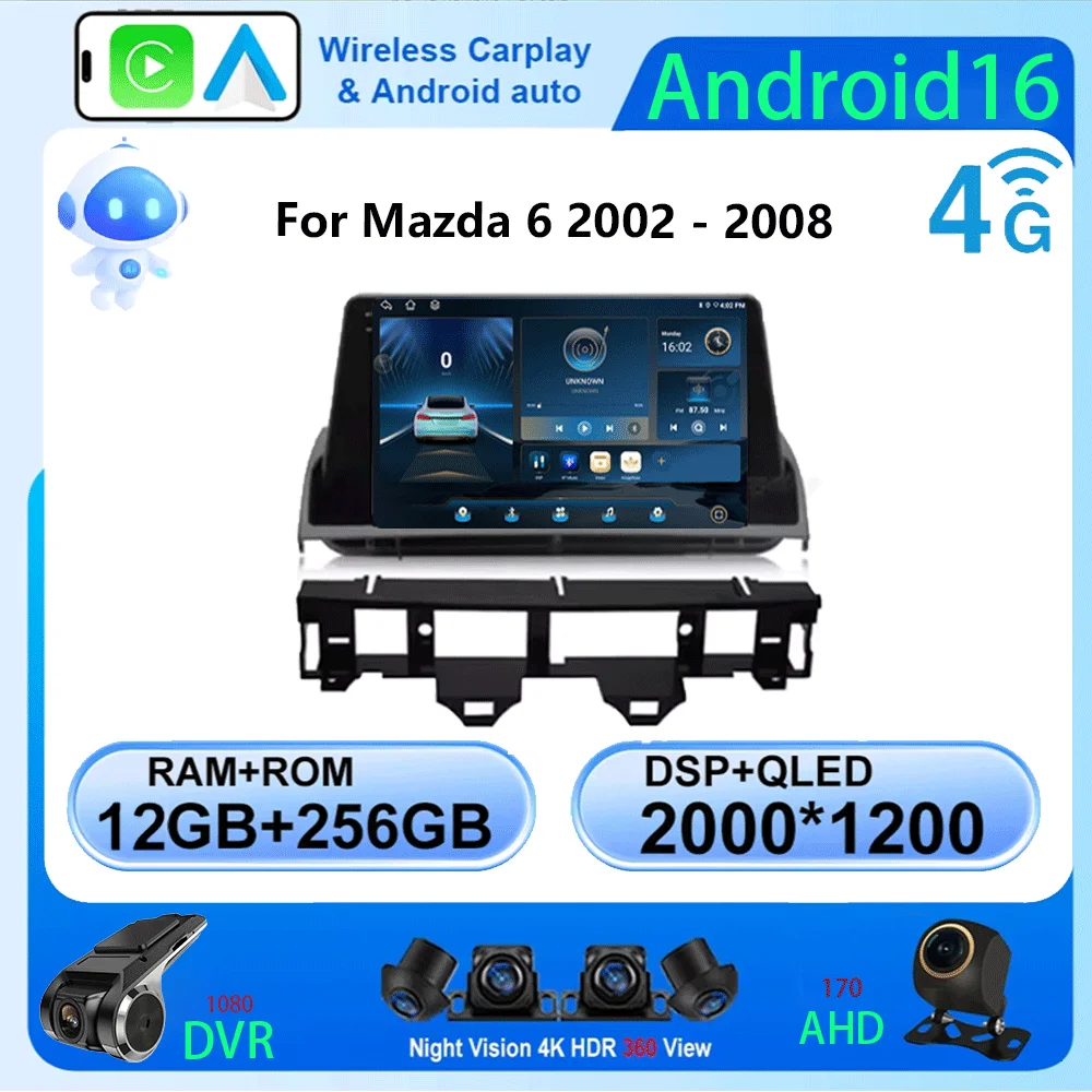 

9-дюймовый мультимедийный автомобильный DVD-плеер с GPS-навигацией, радио, Wi-Fi, Bluetooth, 4G LTE, 128 ГБ, Android для Mazda 6 2002-2015 годов выпуска