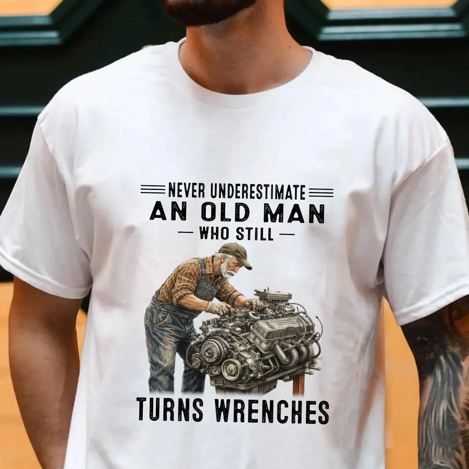 Never Underestimate An Old Man Who Still Turns Wrenches T Shirt Funny Mechanic Garage Car Lover  vintage Washed Breathable