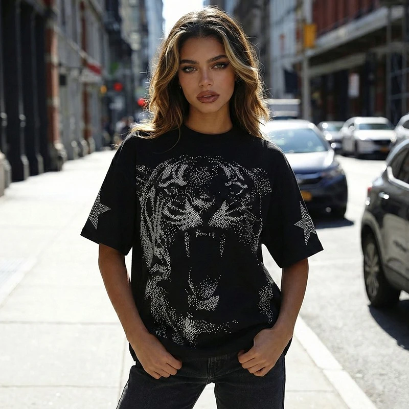 

Мужская футболка вафельной вязки, винтажные футболки с графическим принтом тигра, большие уличные футболки в стиле хип-хоп, потертые хлопковые топы с рукавами со звездами