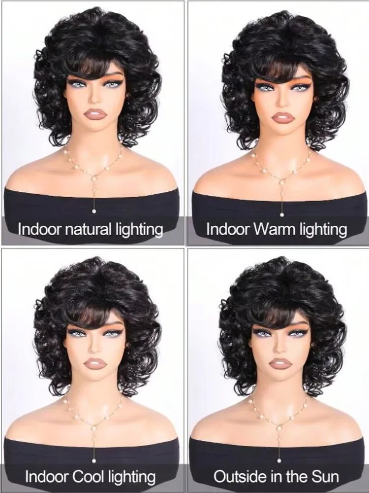 

Women's fashionable natural fluffy curly 12 inch synthetic wig with side edges, suitable for daily wear, holidays, and parties