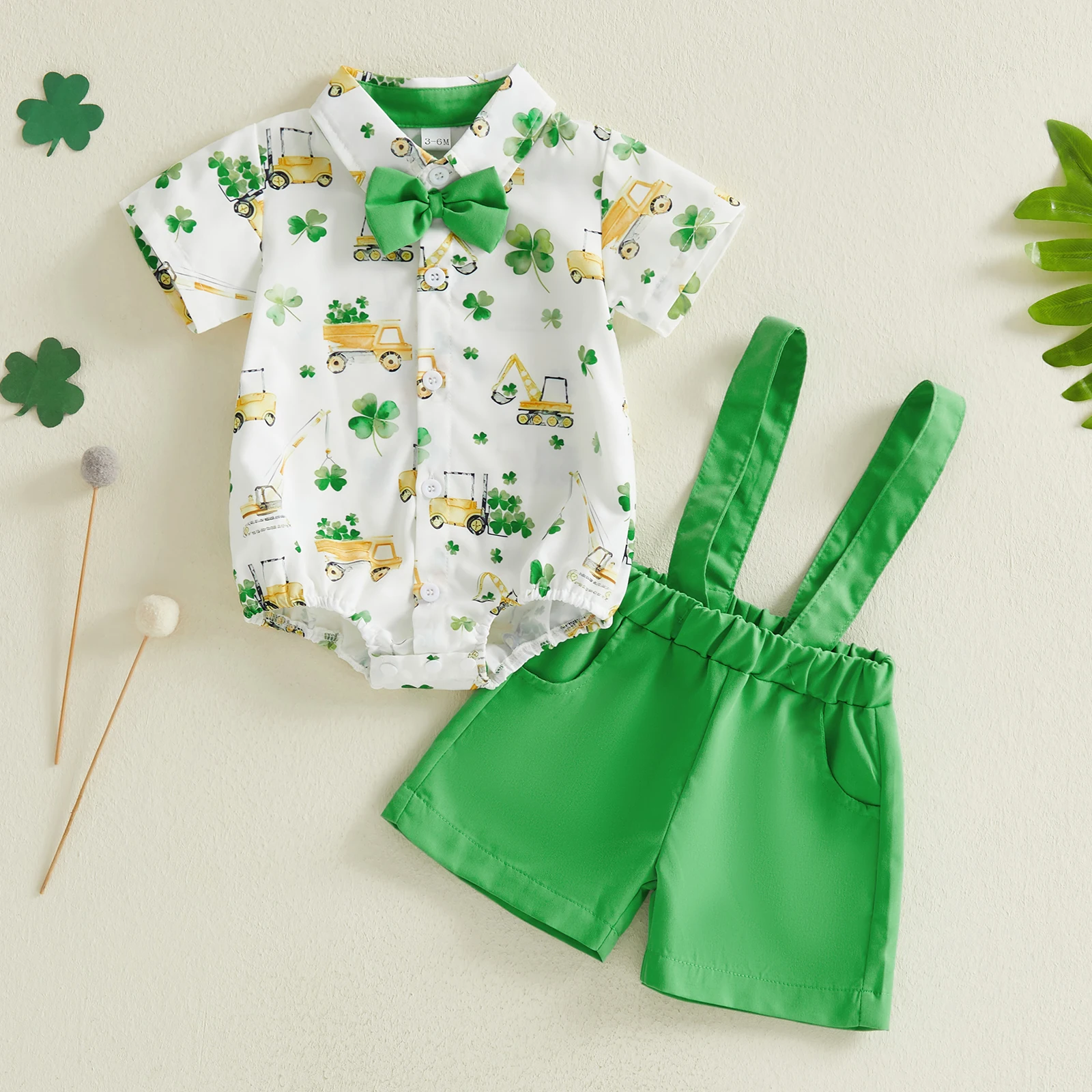 طفل الفتيان 2 قطعة ملابس الربيع قصيرة الأكمام البرسيم طباعة رومبير الحمالة مجموعة تي شيرتات قصيرة للأطفال الوليد الأولاد الملابس الرسمية مجموعة #3