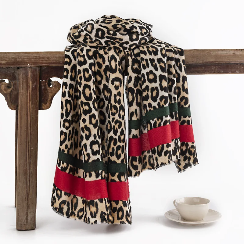 

Red Stripe Leopard Scarf Winter Faux Cashmere Women Neck Protection Cold Scarf Fashion Warm Shawl Warmth Cold