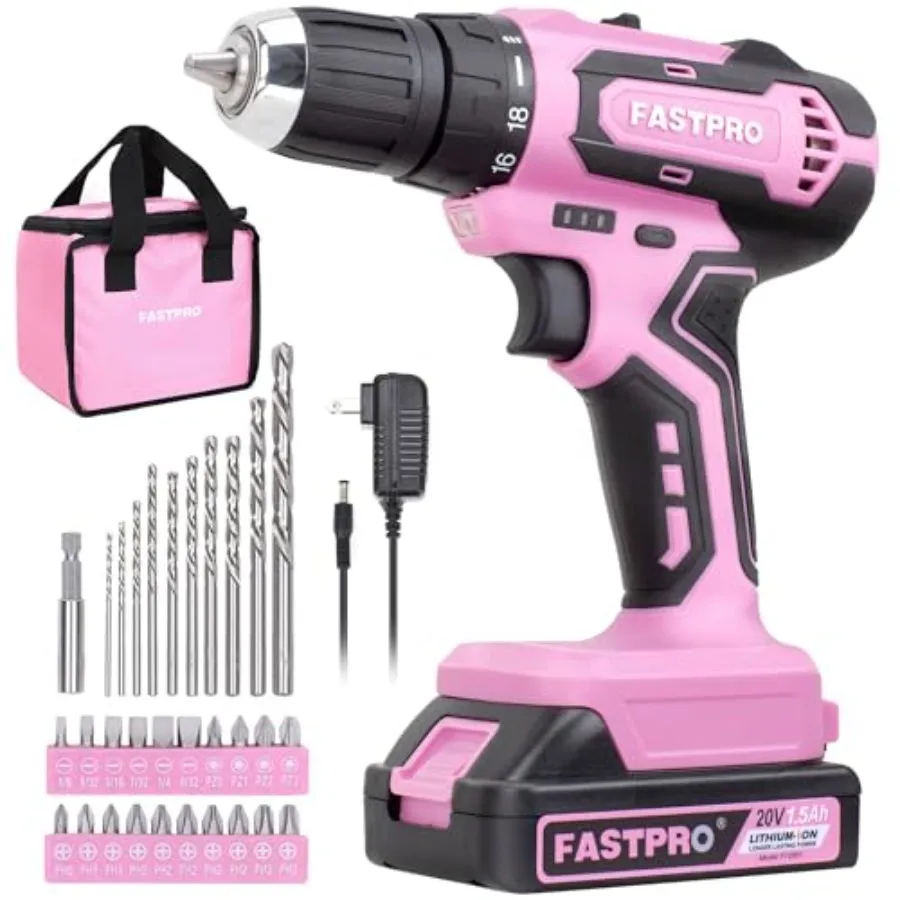 

20V Pink Drill Set 3/8 in. Cordless Drill Driver Kit with 1.5 Ah Lithium-ion Battery Charger and Tool Bag