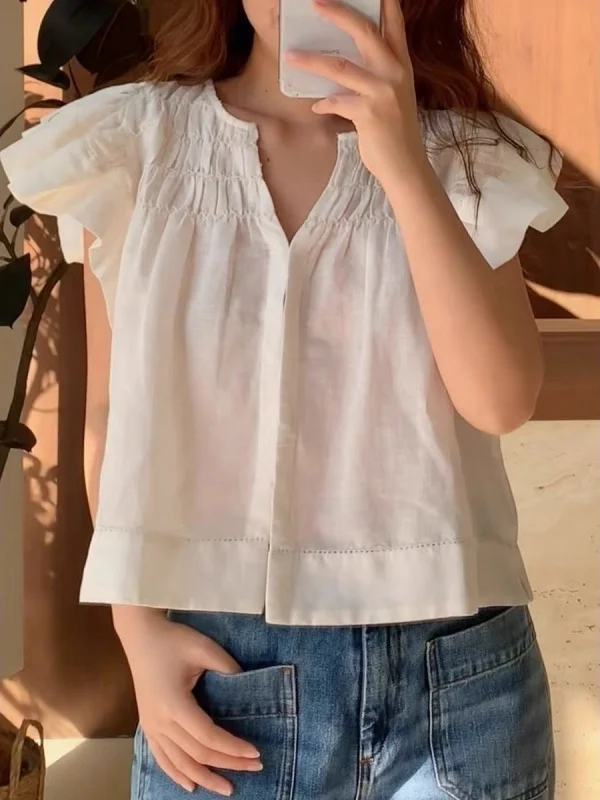 

Женский комплект Isa в французском стиле: рубашка с V-образным вырезом и короткими рукавами, с рюшами и плиссированными краями, дышащая, приятная к телу, весенняя коллекция