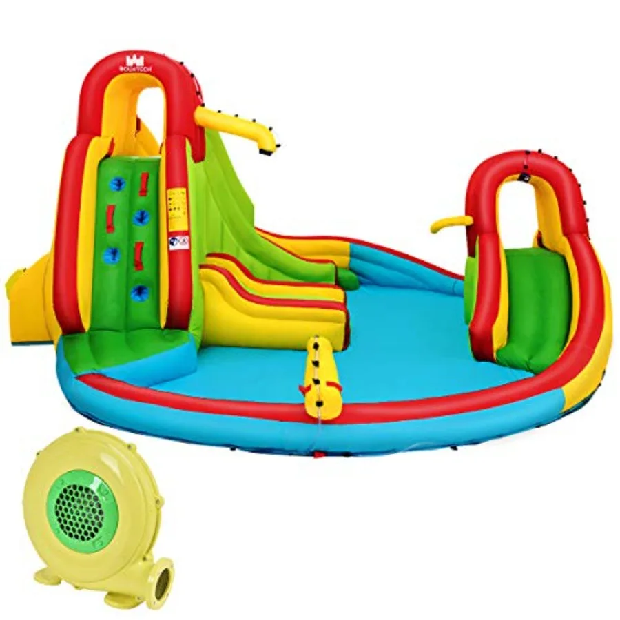 Nadmuchiwany zamek dmuchany z 2 zjeżdżalniami, 2 ścianami do wspinaczki, basenem, wyrzutnią wodną, koszykiem do koszykówki, w tym torba transportowa, zestaw naprawczy