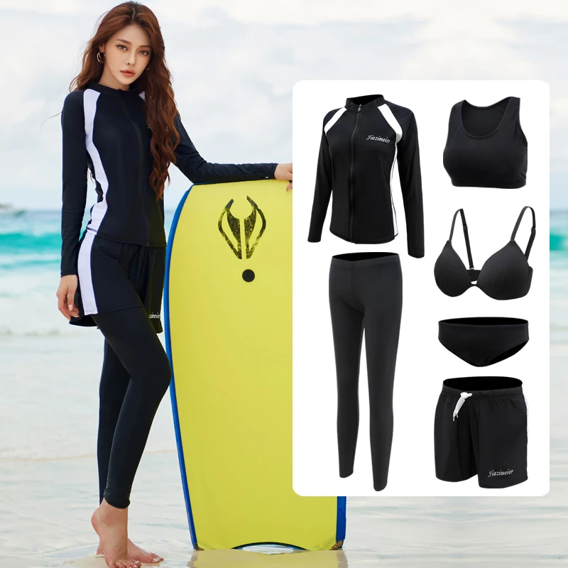 New Women Swimwear Sport Tankinis Set Swimsuit Long Sleeve Three  Pieces Beach Swimming Suit Shorts Split Beachwear Female