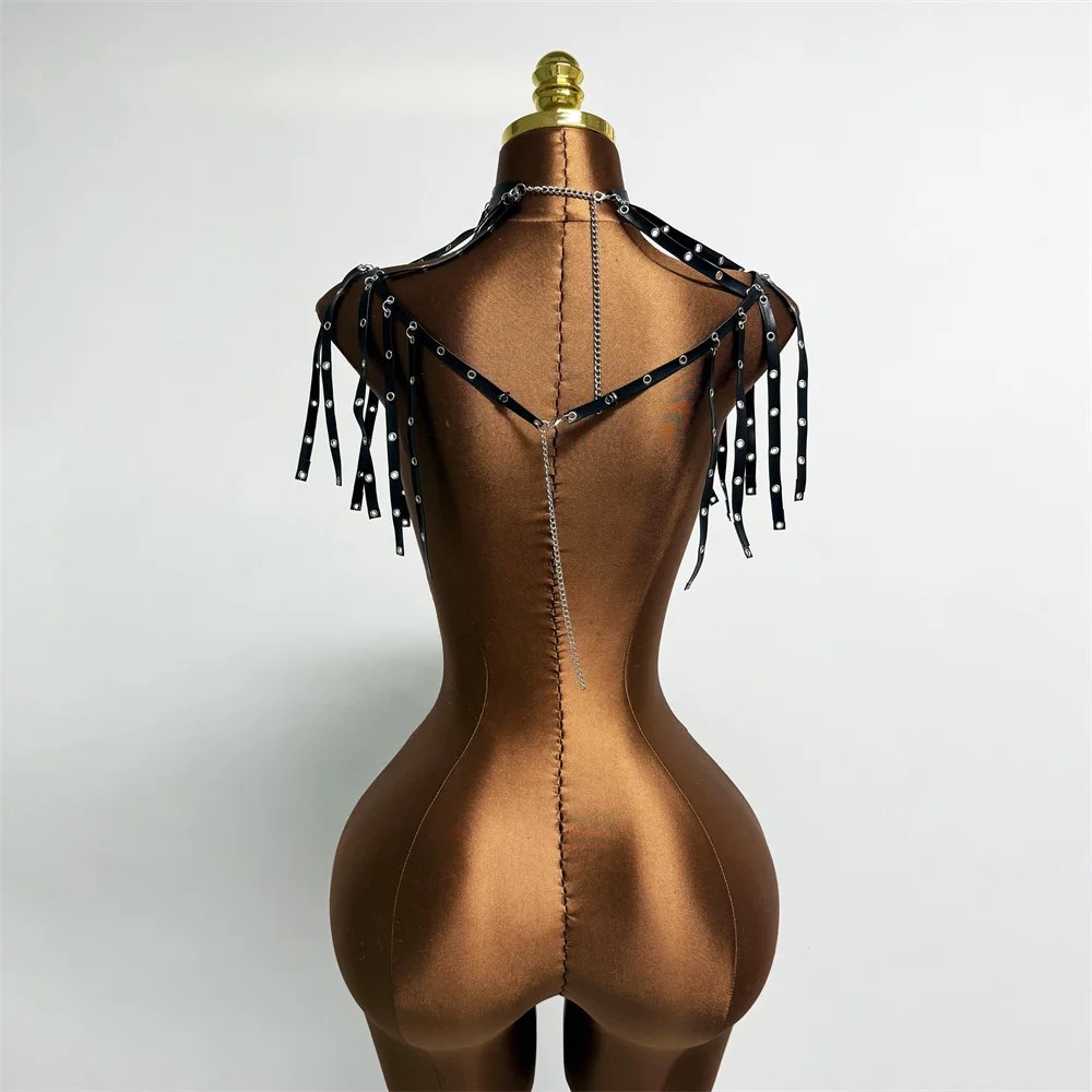 Women PU Leather Tassel Backless Tank Top Sexy Halter Neck Hollow See Through Body Chain Camisole Rave Festival Party Crop Tops