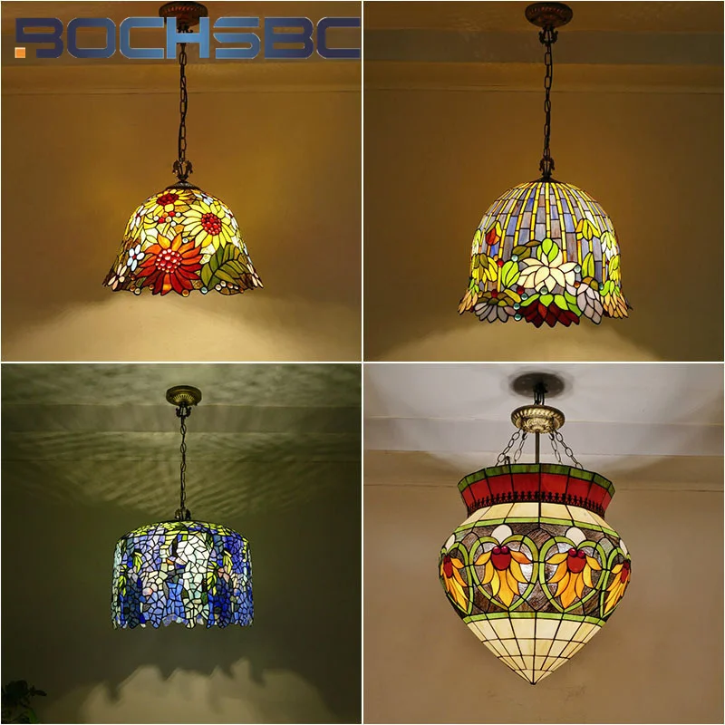 

BOCHSBC Tiffany style stained glass wine European retro chandelier Pendant lamp for cafe restaurant bedroom corridor LED decor