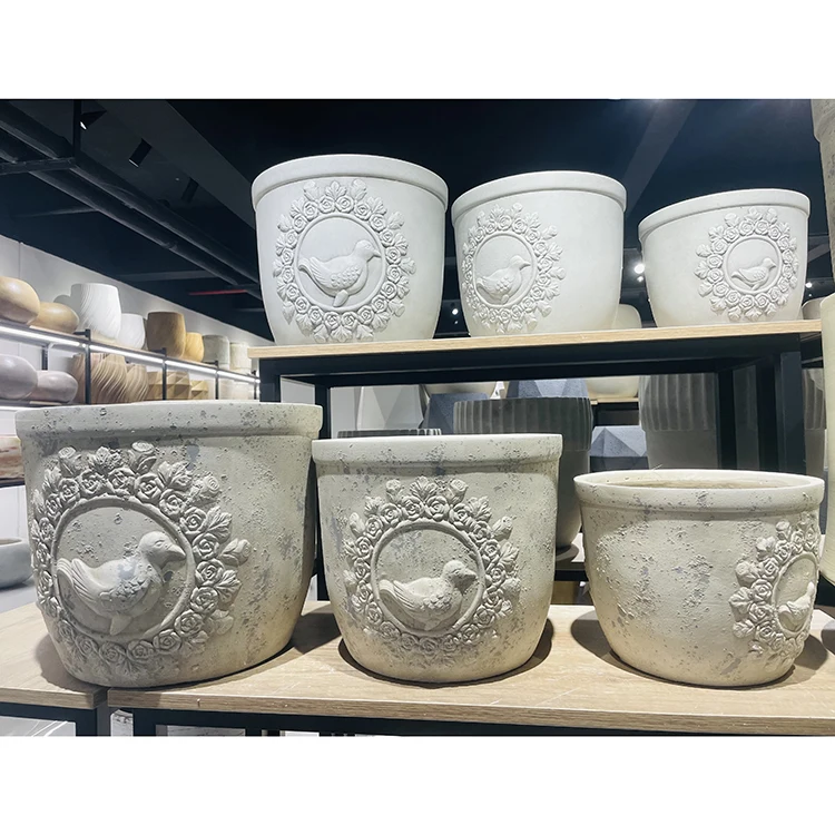 

Большой уличный садовый вазон из фиброглины с рельефным узором «Цветы, животные, птицы» для растений, дизайн 2026 года