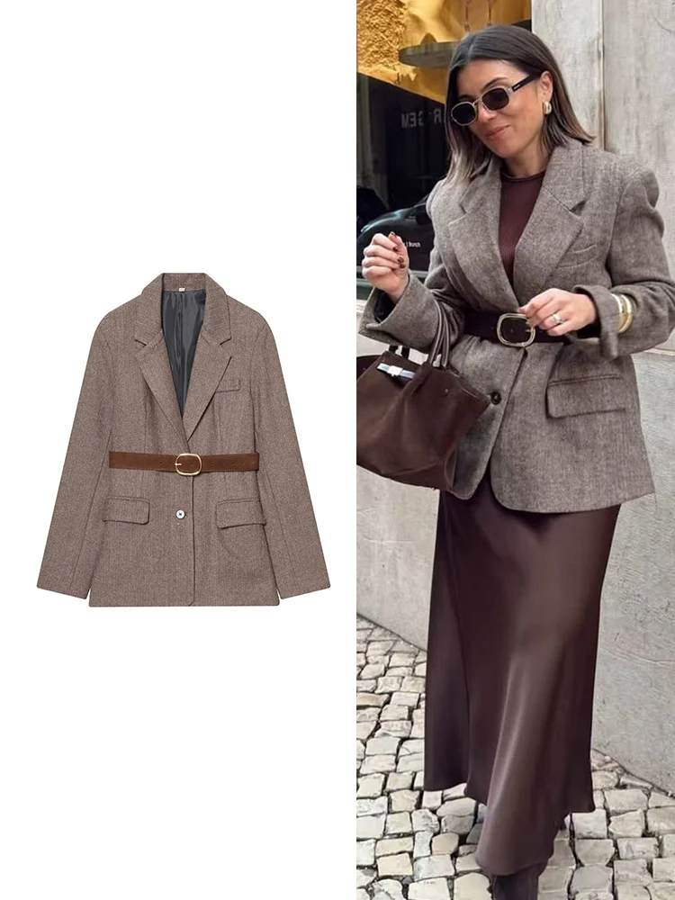 

TFMLN Suit Jacket For Women Spring New Belt Decoration Outwear Fashion Simple Thick Lapel Neck Blazer Coat Autumn Female