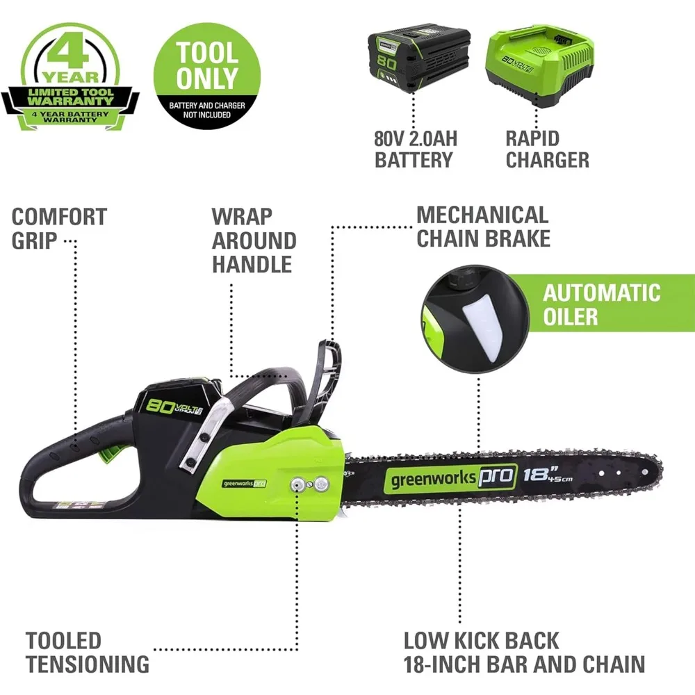 Бесщеточная аккумуляторная бензопила Greenworks 80 В 18, отлично подходит для валков, конечностей, обрезки и дров) / 75+ совместимых инструментов),