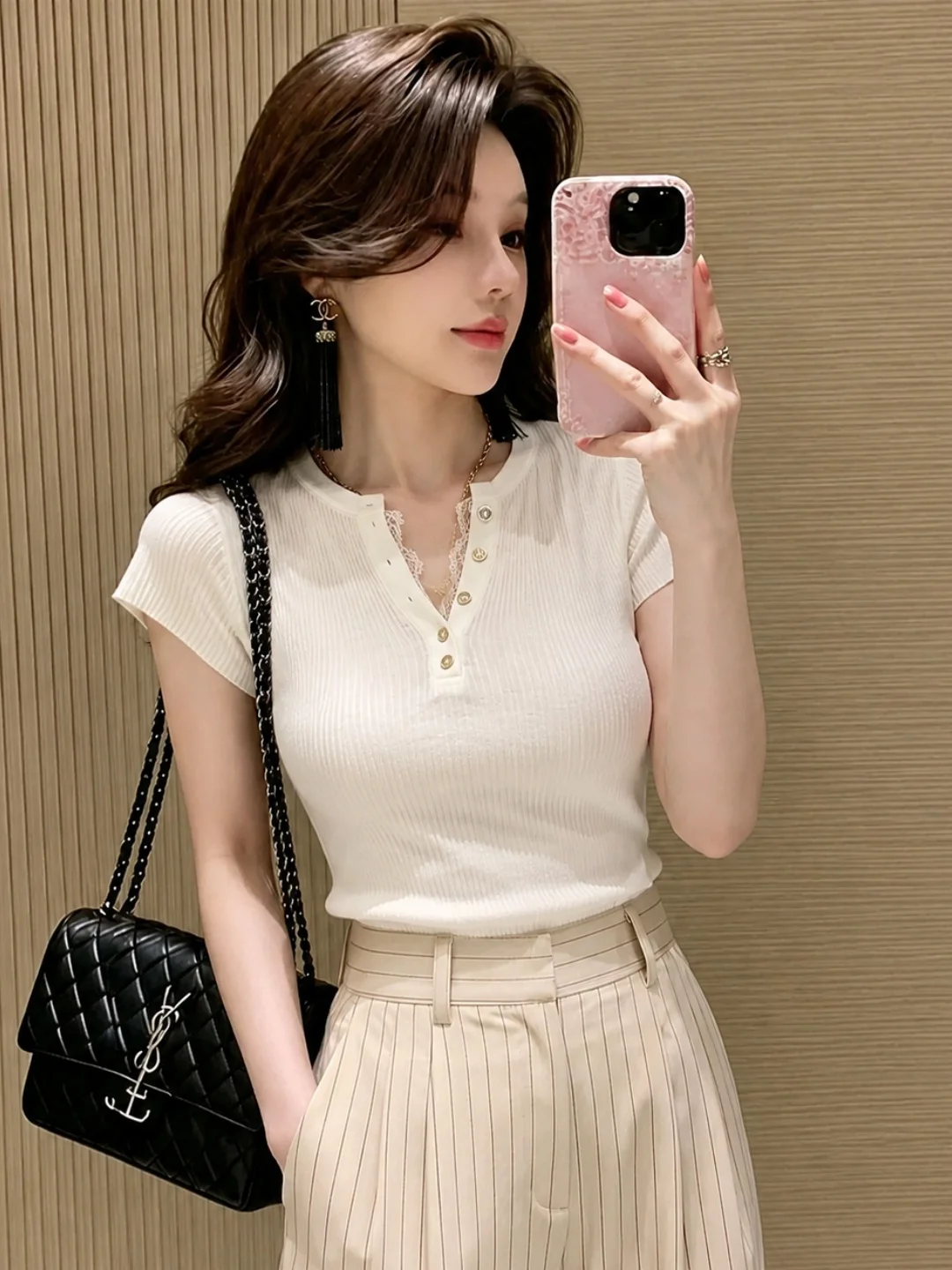 

Korean Style Ice Silk Lace Splice Short Sleeve Knitted Shirt Half Open Collar Patchwork Light Maturity Summer Fashion Top