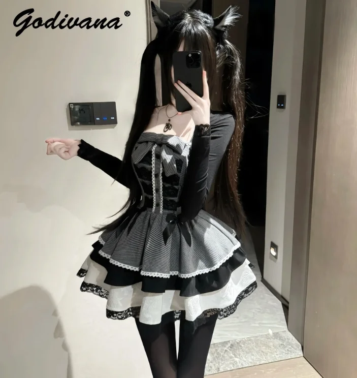 

Original Design Lolita Dress Set New Spring Subculture Girls Womens Gothic Bow Plaid Strapless Cake Dress Cardigan Two-piece Set