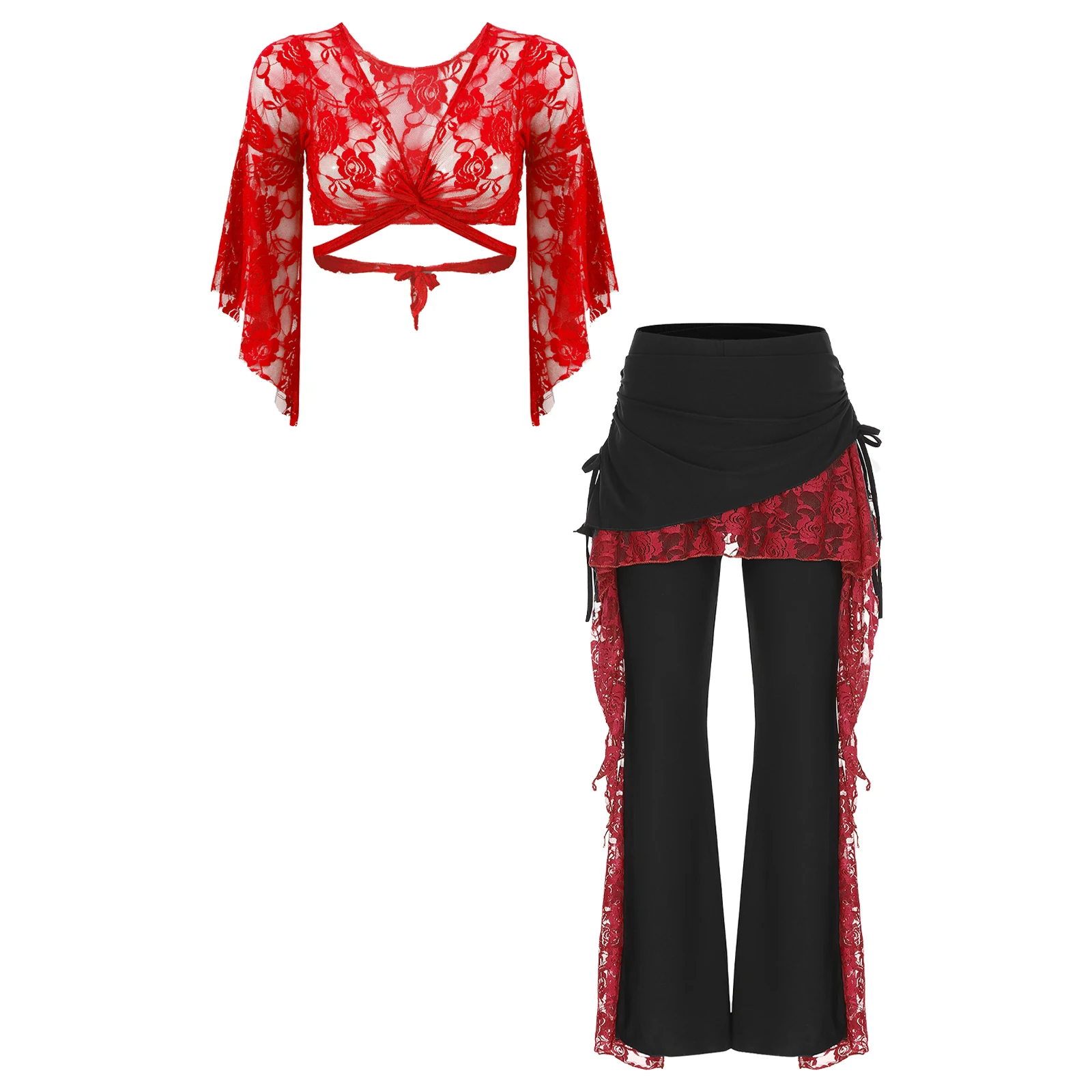 Women Belly Dance Lace Cardigan Crop Tops Flare Sleeve Costumes Bell-bottomed Pants for Halloween Performance Competition Outfit