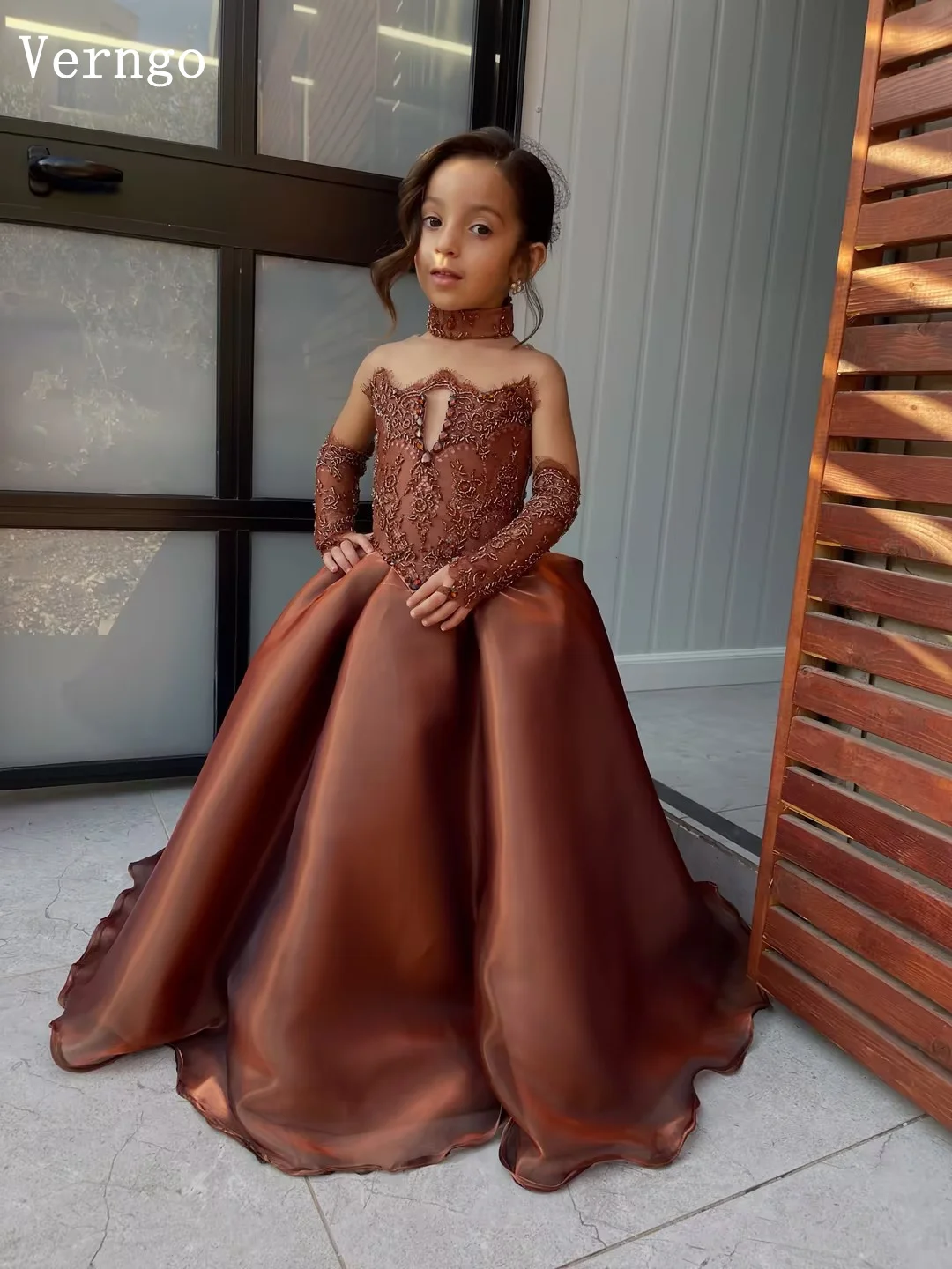 Verngo Brown Shiny Mini Kid Birthday Party Dress Strapless Lace A Line Ball Gown Gloves Girl Flowers Dress Customized