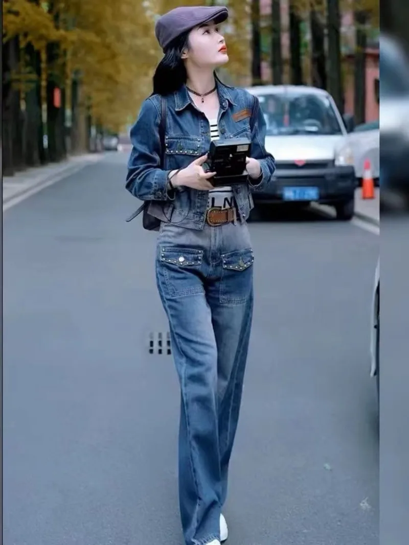 

Новый джинсовый костюм для женщин в стиле OL: весна-осень 2026, простой офисный комплект с широкими брюками для работы