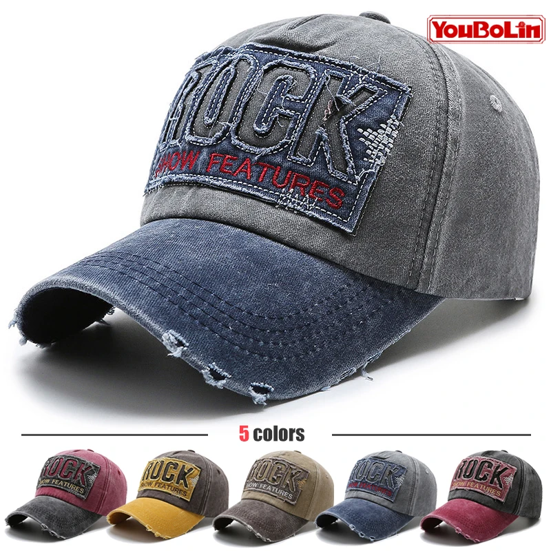 

ROCK Letter Patch Embroidery Holes Washed Distressed Adjustable Cotton Hard Top Baseball Cap Sun Hat Trucker Caps Dad Hats